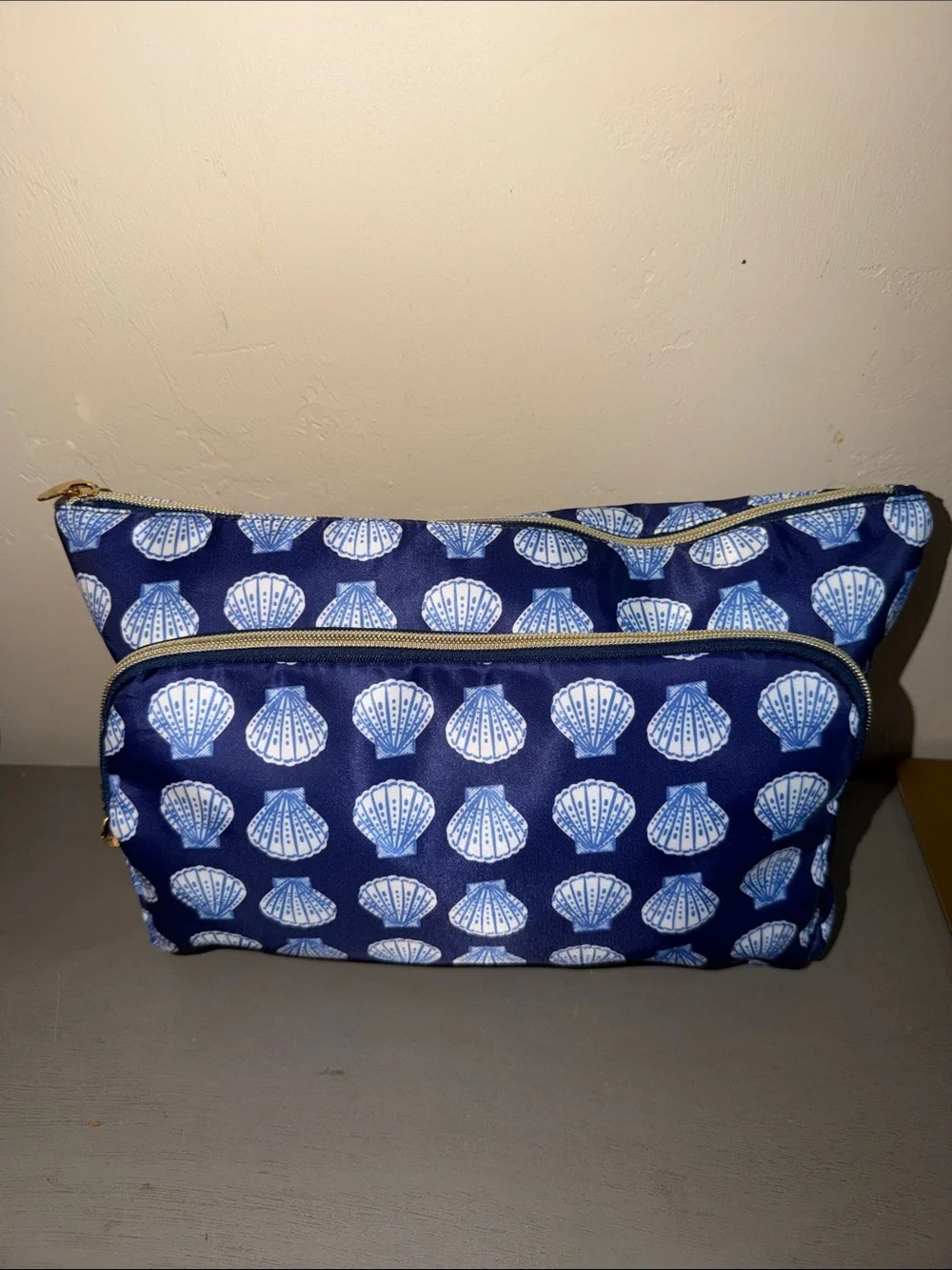 Dabney Lee Navy & White Shell Print Double-Zip Cosmetic Bag